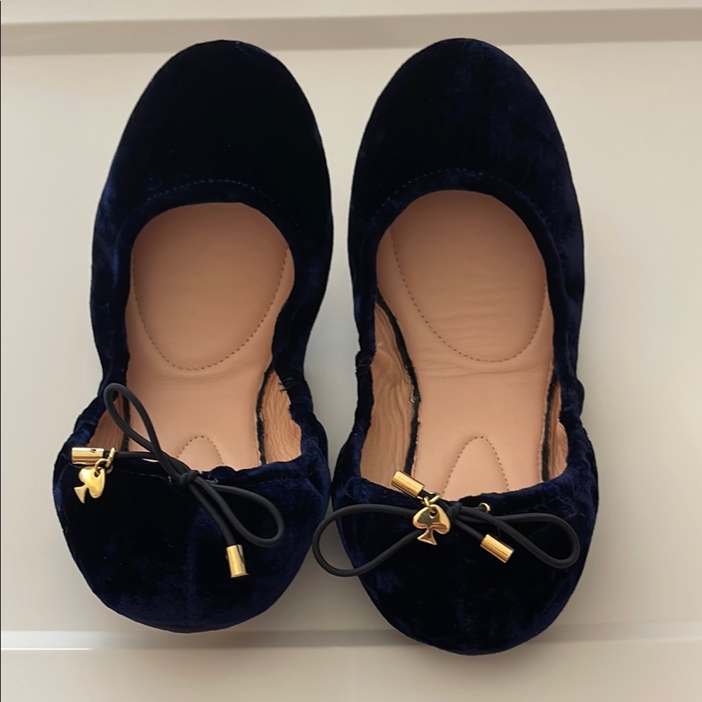 Kate Spade Blue Ballet Flats with Bow and Gold Charm